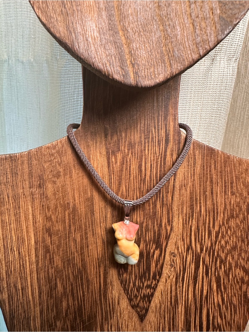 Multicolor Mini Agate Body Carving Pendant Necklace on Brown Rope - Picture 2 of 16